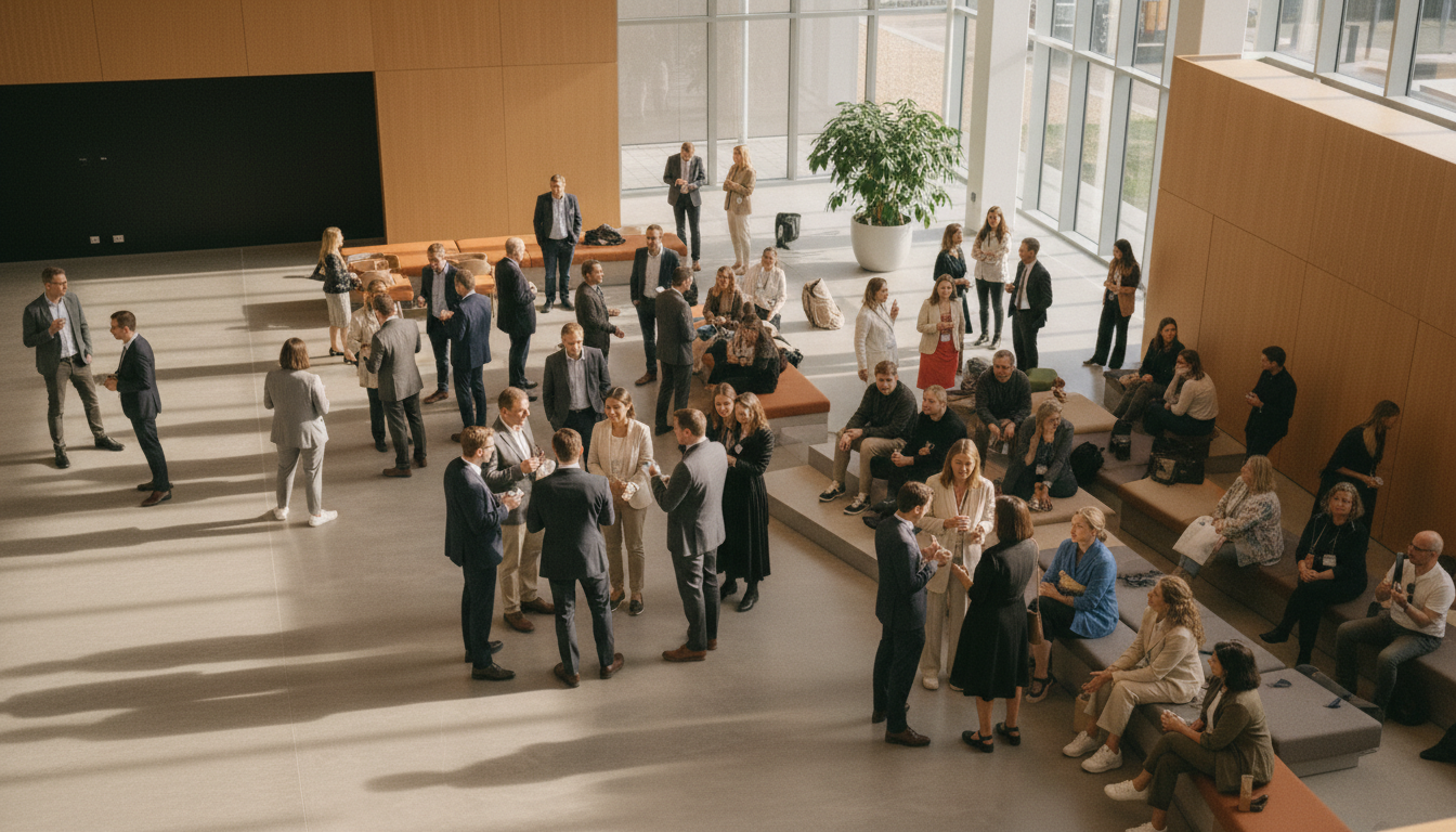 A sunlit conference lobby with clusters of attendees in conversation