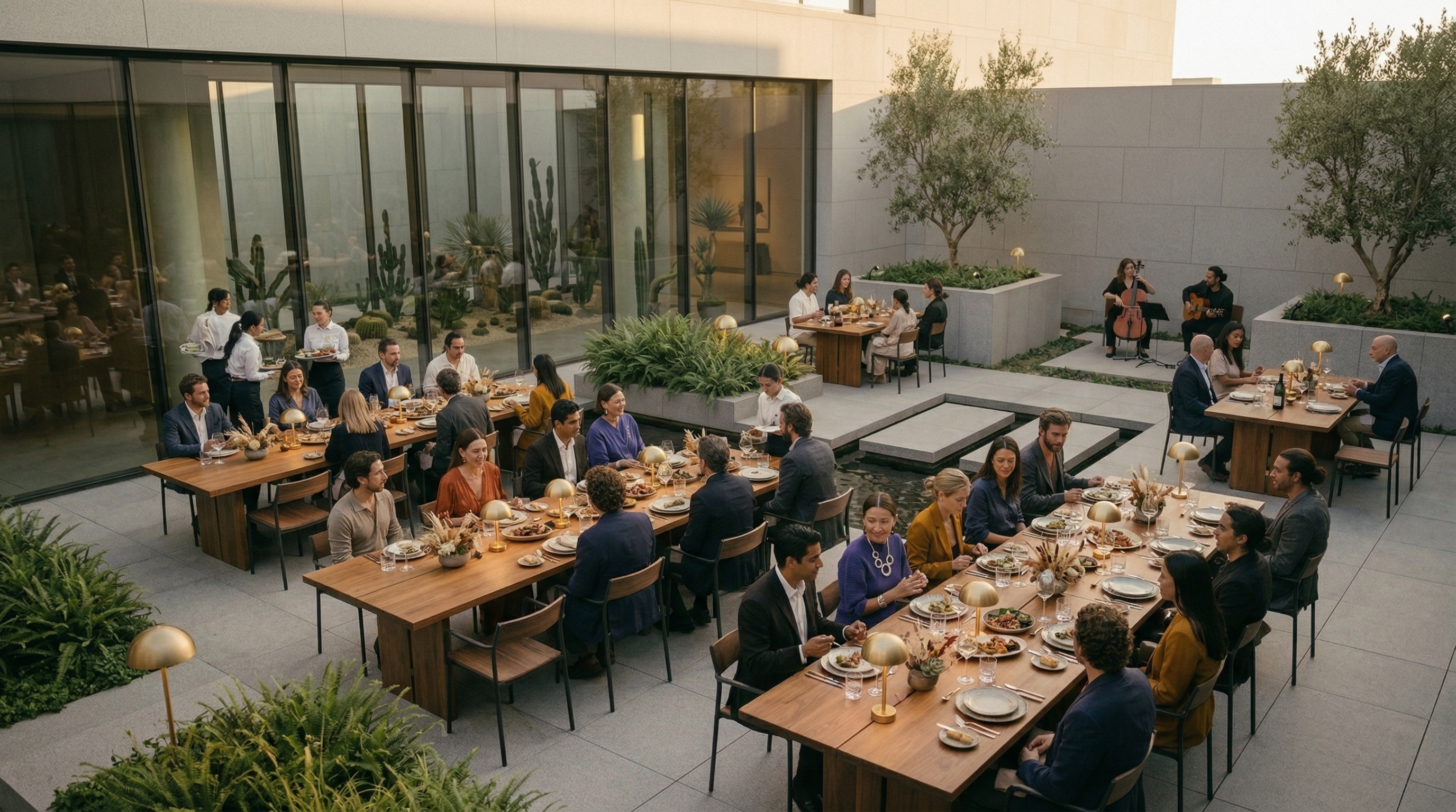 Long dinner tables in a courtyard at dusk, guests mid-conversation