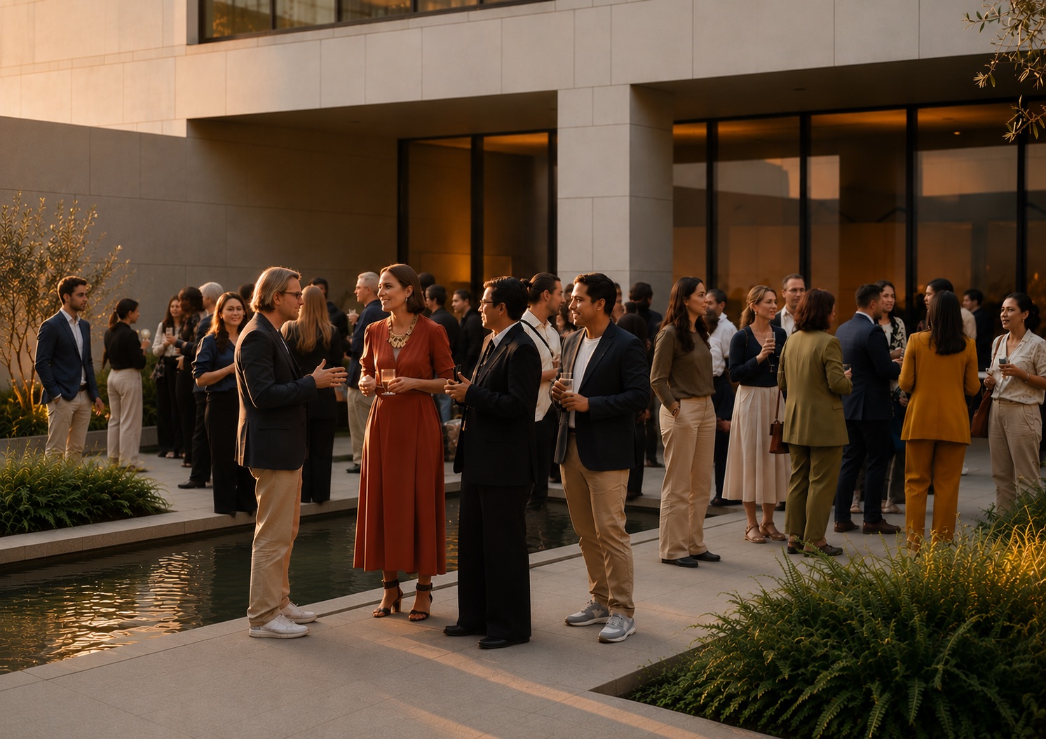 An evening garden reception, small groups talking in warm light