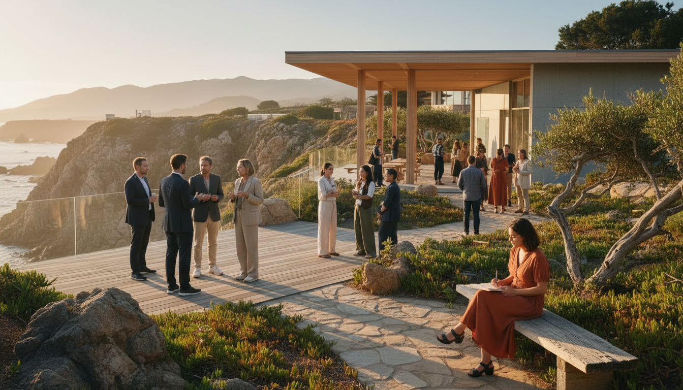 A coastal retreat deck at golden hour, guests talking in small circles